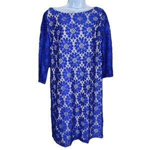 Jessica Howard Sz 14P Shift Dress Royal Blue Lace Beige Lining 3/4 Sleeve Party